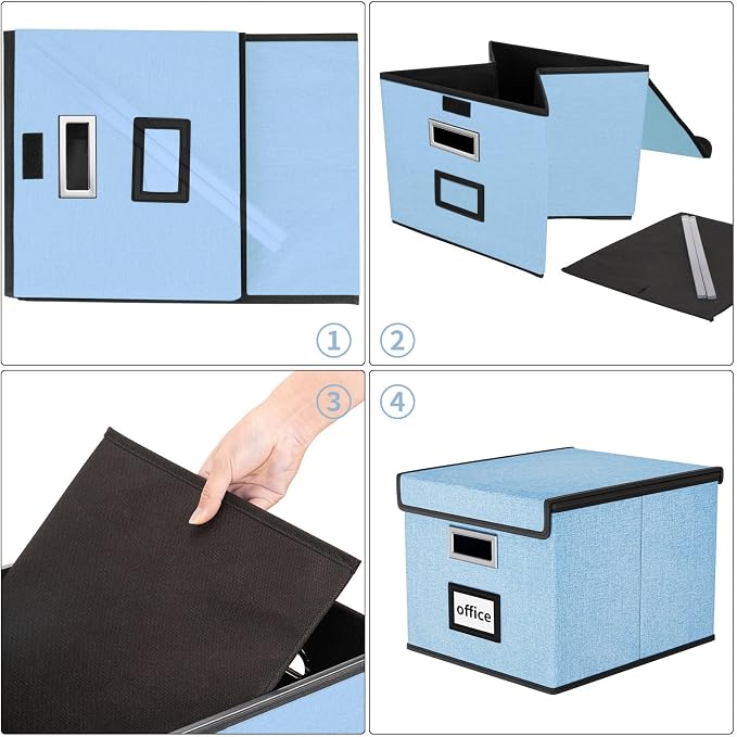 File Organizer Box with Lid, Collapsible File Folder Organizer for Office Document Storage, Filing Box with Plastic Slide for Letter Size Hanging File Folders(1 Pack, Powderblue)