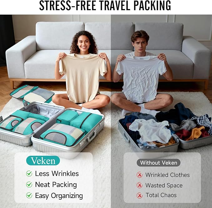 Veken 10 Set Packing Cubes for Kids & Toddler, Airplane Travel Essentials, Beach Vacation & Road Trip Suitcase Organizer Bags Set for Luggage, with Hanging Toiletry & Shoe Bag
