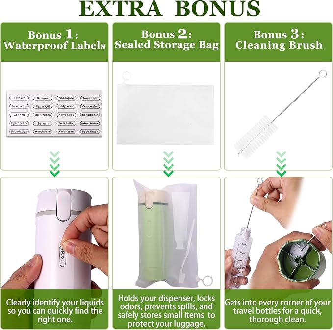4 in 1 Travel Dispenser, 4 Pack 30ML Leak Proof Travel Size Bottles with Stickers, Brush & Storage Bag, Refillable TSA Approved Travel Toiletry Container Set for Shampoo, Lotion, Conditioner (Green)