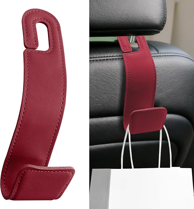 Car Seat Headrest Hooks, Purse Hook for Car, Automotive Headrest Handbags Holder, Auto Accessories Leather Seatback Organizer Hanger for Hanging Purses Bags Coats (Red, 1PCS)