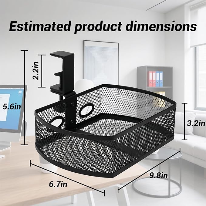 Clamp-On Hanging Desk Organizer - Metal Under-Desk Storage with Clamp Mount, Desk Attachments for Home/School/Office, Essential Office Supplies