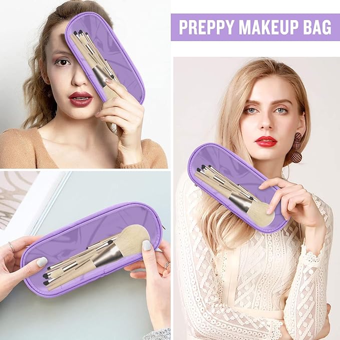 Nylon Small Clear Makeup Bag Slim Pencil Pouch, Cute Makeup Bag Preppy Cosmetic Zipper Pouch Pencil Case for Purse, Travel PVC Toiletry Bag Clutch Coin Pouch Makeup Organizer for Women Girls(Purple)