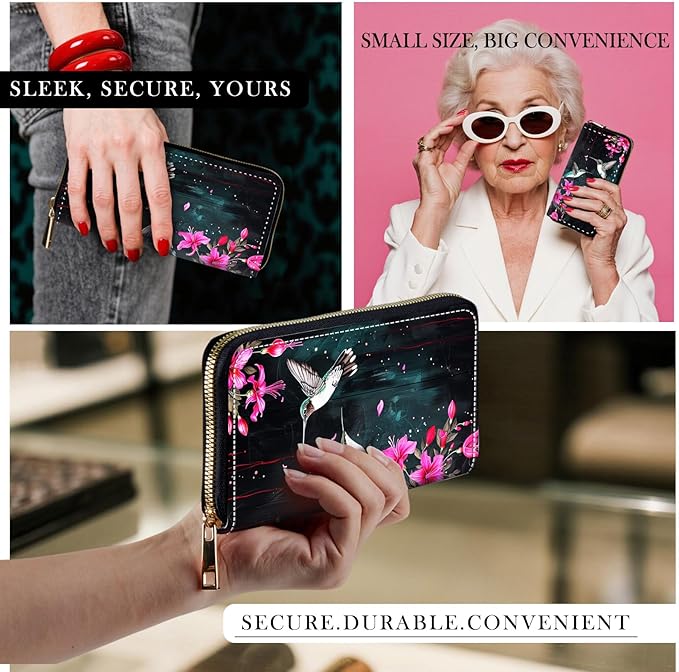 RFID-Blocking Zip Around Wallets for Women with Detachable Wrist Strap,Large Capacity Phone Holder with Card Organizer & Coin Pocket,Flower Hummingbird