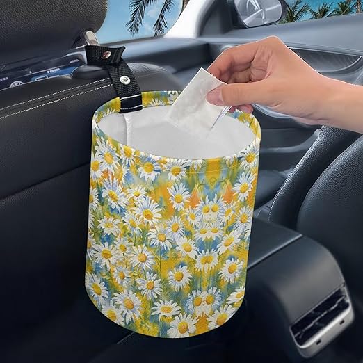 White Daisy Car Garbage Trash Can Foldable Waste Basket Container Bag Bin Portable Cup Holder Organizer with Strap Universal Car Interior Accessories for Fit Most Cars, SUVs, Trucks