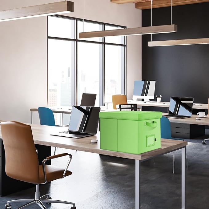 File Organizer Box with Lid, Linen Hanging File Storage Box with Handle, Collapsible Document Filling Box for Letter/Legal Folder, Portable File Box for Office/Decor/Home (1 Pack, Green)