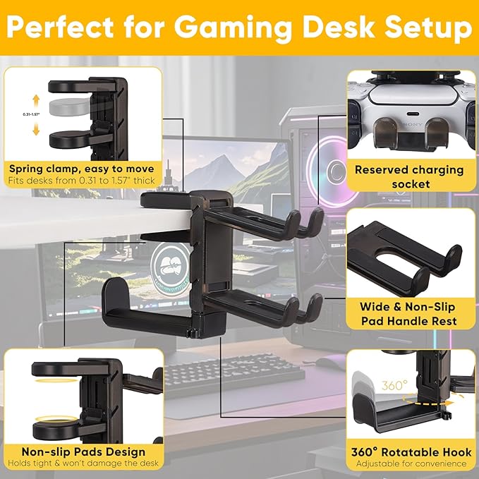 3 in 1 Under Desk Headphone Hanger with Adjustable Clamp Mount, 2 Controller Slots & 1 Headset Universal Holder Stand, Rotatable Hook Rack & Cable Organizer, for Home Gaming Xbox ps5 - Black