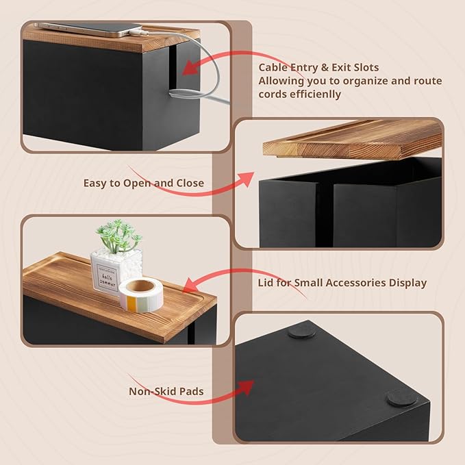 Wood Cable Management Box - Cable Organizer Box - 2 Open Slots Cords Hider Box - Under Desk Cord Organizer for Power Strip Extension Cord Surge Protector Charger Wire, Black