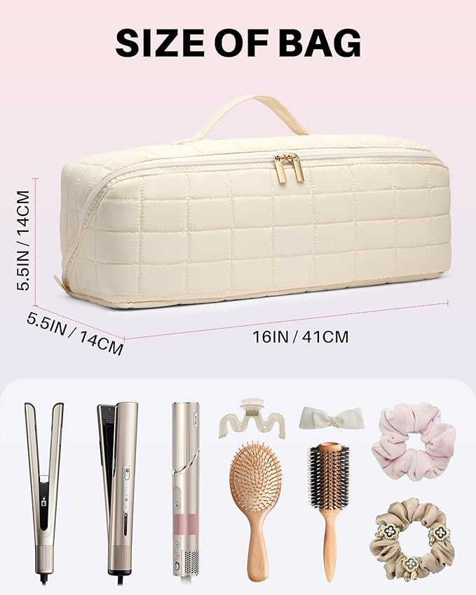 Hot Tools Travel Case with Heat Resistant Mat Pouch, Large Hair Tool Organizer Bag for Curling Iron Flat Iron Hair Dryer Hot Air Brush, Water Resistant Makeup Bag Gift for Women, Beige