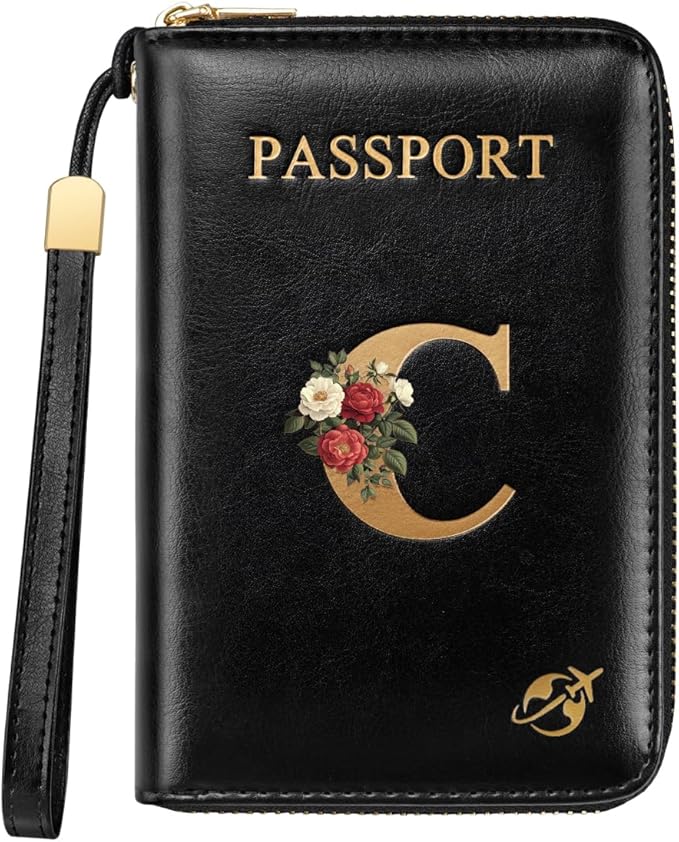 Passport Holder Cover Wallet with Zipper Personalized Initial Letter C Rose Flower RFID Blocking Travel Wallets Credit Cards Holder for Women, Gift for Wife and Girlfriend,C