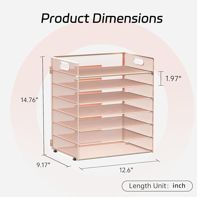 7 Tier Paper Organizer - Mesh Desktop File Holder with Handles for Office School Desk (Rose Gold)