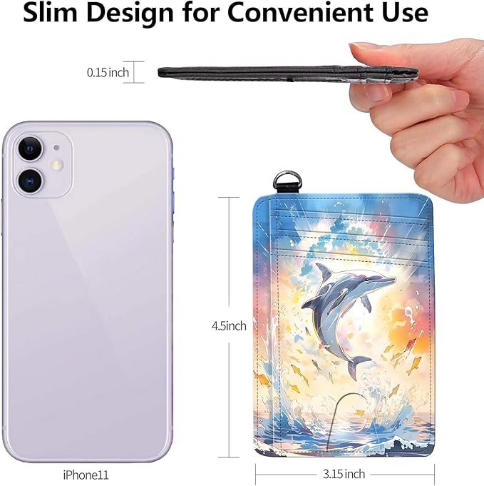 Slim RFID Blocking Card Holder Wallet with Wrist Strap - Minimalist Front Pocket Wallet, Dolphin 02 Design, PU Leathe, for Men & Women, Ideal for Travel & Gifts