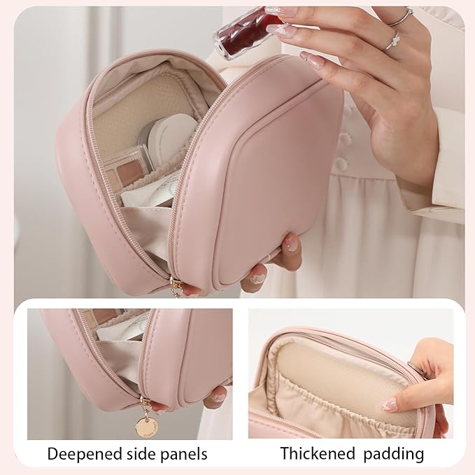 RIGHT AWAY Small Makeup Bag for Purse,Cosmetic Bag Organizer for Women,Waterproof PU Leather Make Up Pouch Toiletry Bag with Pockets,Portable Makeup Case for Travel Accessories&Accessories(Pink)
