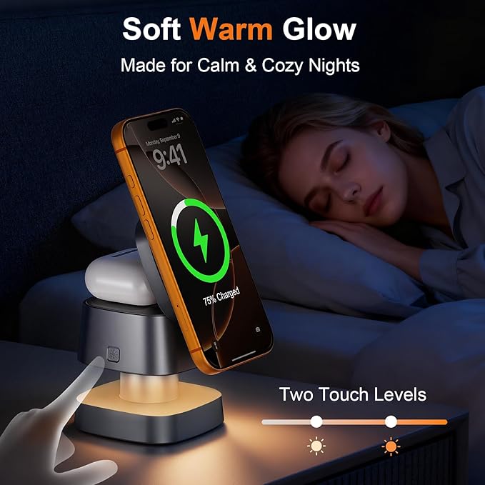 4 in 1 Wireless Charging Station for Apple Devices with Night Light, Mag-Safe Charger Stand, 15W Fast Charging for iPhone 17/16/15/14/13/12 Series, iWatch & AirPods(with USB-C Cable)