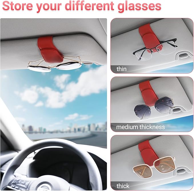 KanSmart Sunglass Holder for Car Visor Sunglasses Clip Magnetic Leather Glasses Eyeglass Holder Interior Car Accessories for Woman Man - 2 Packs Red
