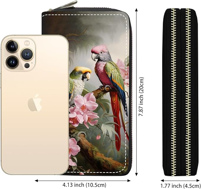 Women's Large Capacity Wallet PU Leather Double Zipper Clutch Purse Multifunctional Wallet with Removable Wristlet Strap for Smart Phone/Coin/Card/Cash, Parrot
