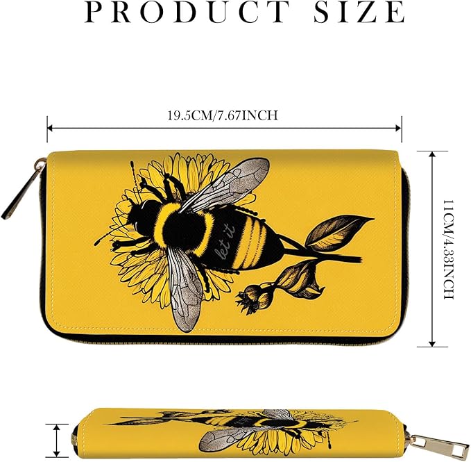 RFID-Blocking Zip Around Wallets for Women with Detachable Wrist Strap,Large Capacity Phone Holder with Card Organizer & Coin Pocket,Honeybee Flower