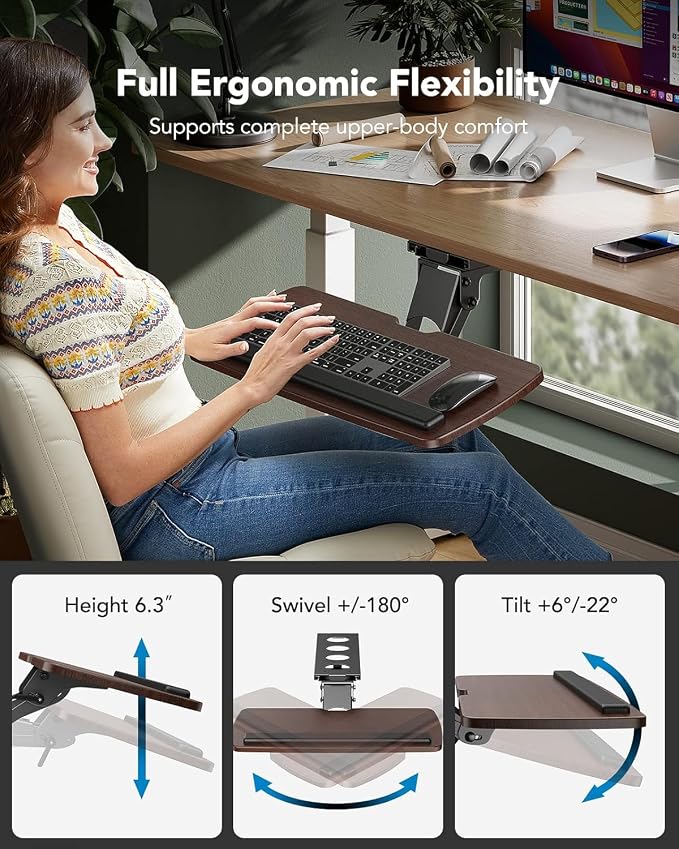 HUANUO Keyboard Tray Under Desk, 360 Adjustable Ergonomic Sliding Keyboard & Mouse Tray, Under Desk Keyboard Tray Slide Out, Keyboard Holder Under Desk for Typing in Home, Office Work, 25"W x 9.84"D