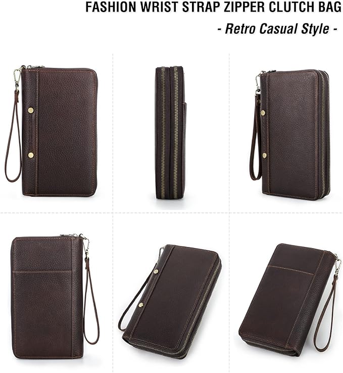 Top Grain Genuine Leather Clutch Wallet with Wristlet for Man & Woman, Handmade Vintage Design, Multi Pockets & Side Pocket & Slots, RFID Large Capacity for Cards/Checks/Money/Passport/Pen, Red Coffee