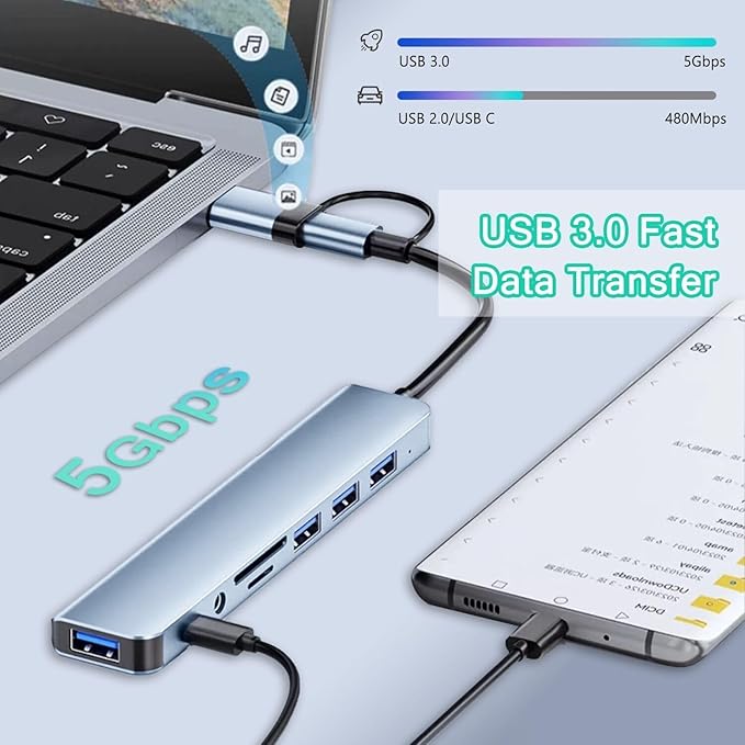 USB C Hub Upgrade 8 in 1 USB Splitter Port Extender for Laptop, USB 3.0 Hub USB Adapter&USB C Splitter 4 USB 1 USBC TF/SD Card Reader Audio Output Compatible with MacBook/Pad/Laptop/Phones