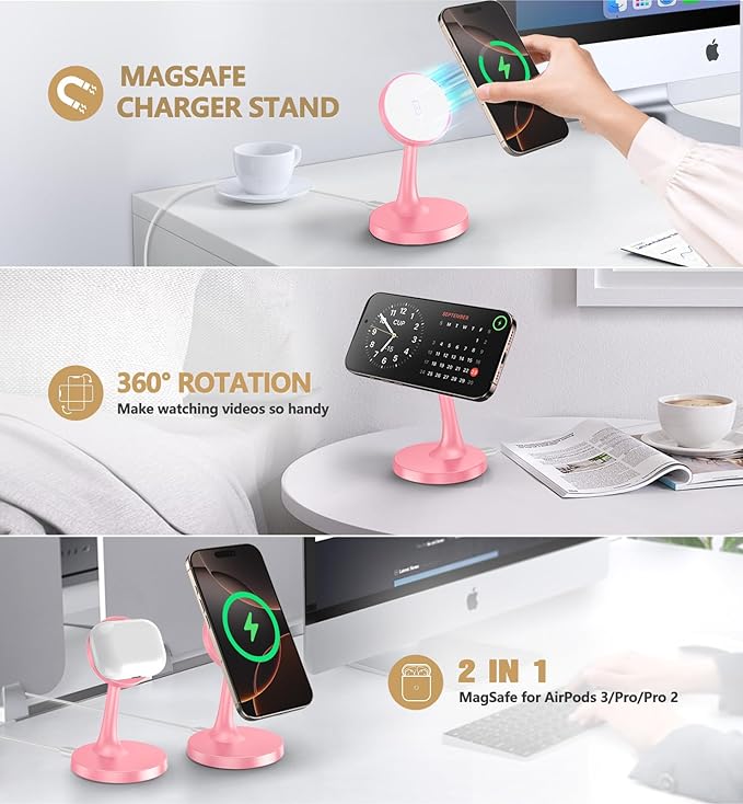 Magnetic Wireless Charger iPhone Stand, 15W Fast Mag-Safe Charger iPhone 17/17 Air/17 Pro/17 Pro Max 16/15/14/13/12 Series Magnet Wireless Charging Station/Pad/AirPods for Home, Office, Travel