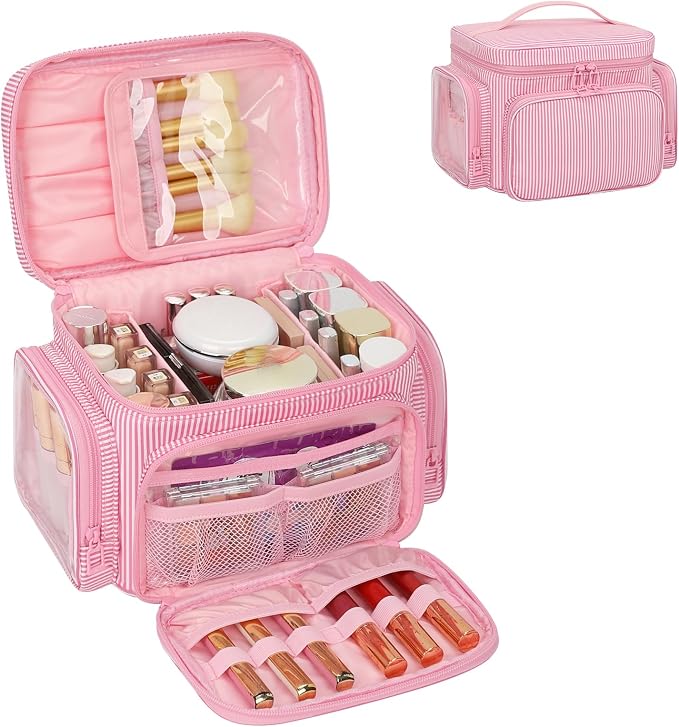 Large Makeup Bag, Portable Travel Makeup Bag Organizer for Women Girls with Makeup Brush Compartment & Two Side Pockets, Cosmetic Travel Bag Vertical Storage Toiletry Bag - Pink Stripe