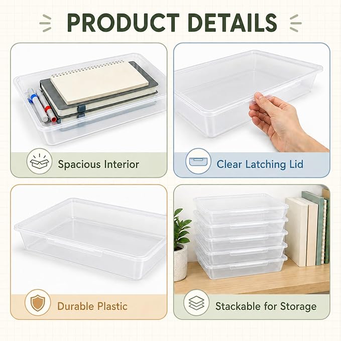 12 Pack Flat Storage Paper Tray with Clear Latching Lid Letter Size Organizer Bin Tray Plastic Latching File Organizer for Classroom Library School Office Teacher Desktop Book Organization (Clear)