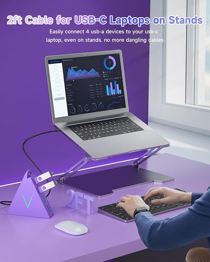 USB C Hub,USB Hub Tower with 2FT Extended Cable,Type C to USB 3.0 4-Port Splitter Adapter for MacBook, iMac, Laptop, Surface, XPS, Flash Drive, Keyboard, Mouse, HDD (2ft, Dark Purple