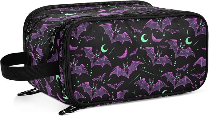 MNSRUU Large Capacity Makeup Bag, Neon Purple and Bats Stars and Moons Cosmetic Bag Portable Toiletries Pouch with Compartments Makeup Organizer Case for Travel Women
