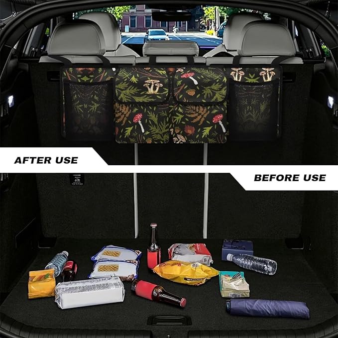 Wild Mushroom Printed Hanging Car Trunk Storage Organizer Car Interior Accessories with 4 Pockets & 3 Adjustable Stras for Grocery Your Space Saving Expert