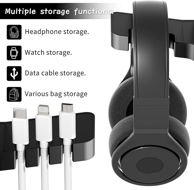 cozoo Headphone Stand with USB Charger Under Desk Headset Holder Mount 3 USB Charging Station,iWatch Stand Watch Dock Dual Earphone Hanger Hook,PC Accessories Gifts,UL Tested
