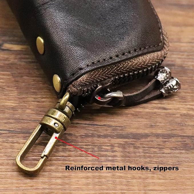Medieval Leather Zipper Coin Pouch, Genuine Cowhide Handcrafted Coin Organizer Change Holder Keychain Coin Purse for Men & Women (Yellowish brown)