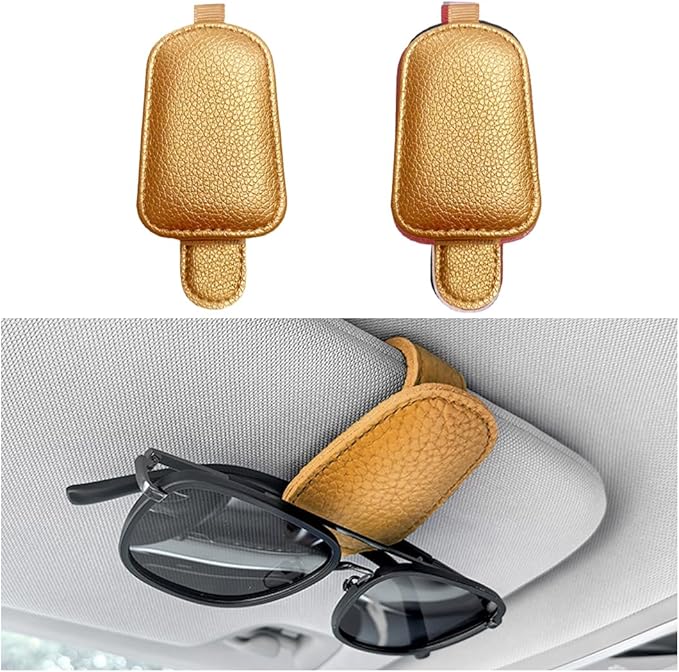 zipelo Sunglasses Holders for Car Sun Visor, 2PCS Magnetic Leather Vehicle Glasses Hanger Clip for Ticket Card, Auto Interior Eyeglass Organizer Accessories, Universal for SUV Sedan Truck (Golden)