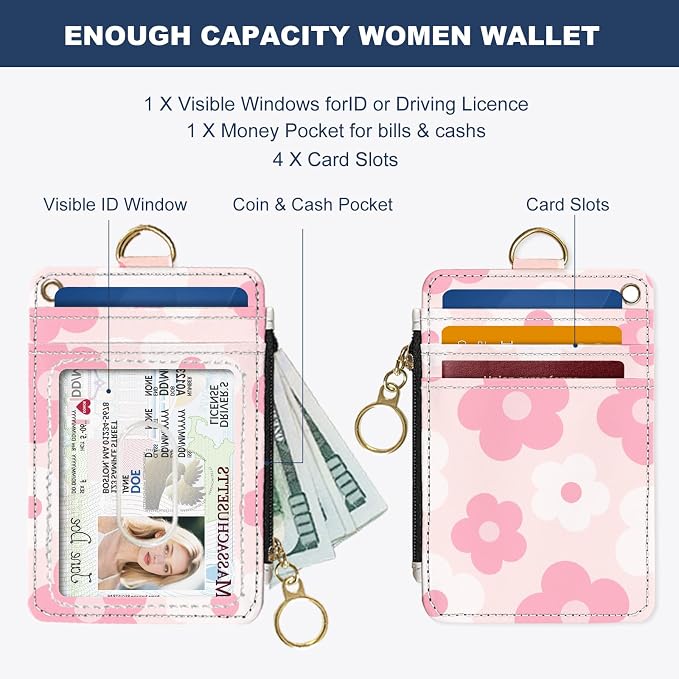 Slim Wallet Credit Card Holder, Pink Daisy, RFID Wallet Women Cute Small Front Pocket Wallet With Zipper, PU Leather Thin travel RFID Blocking Card Case ID Window,Ladies Gifts