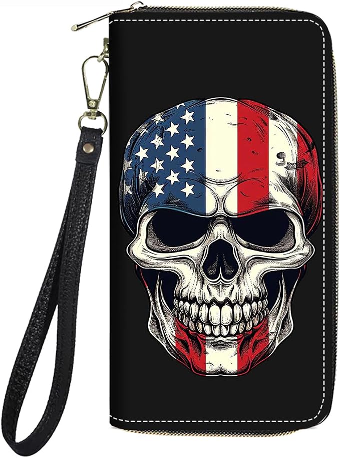 Women's Large Capacity Wallet PU Leather Zip Around Clutch Purse Multifunctional Wallet with Removable Wristlet Strap for Smart Phone/Coin/Card/Cash - American Flag Skull