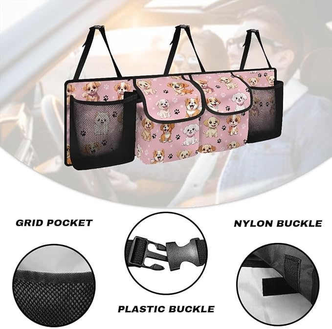 Cute Dog Car Trunk Organizer Back Seat Hanging with 4 Pockets Auto Trunk Storage Bag Multipurpose Cargo Accessory Space Saving Facilitator for SUV Truck Sedan