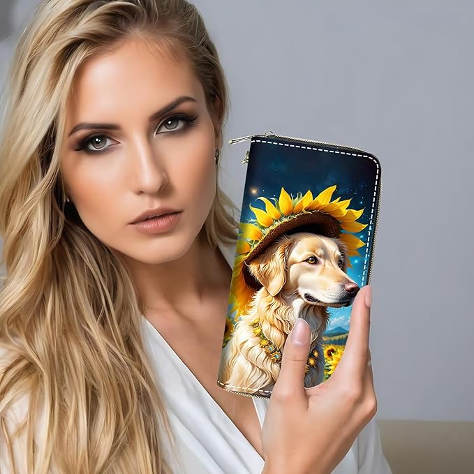 Cute Dog and Sunflower Print Women Large Capacity PU Leather Zip Around Wallet, Multifunctional Clutch Purse for Cash/Card/Coin/Smart Phone