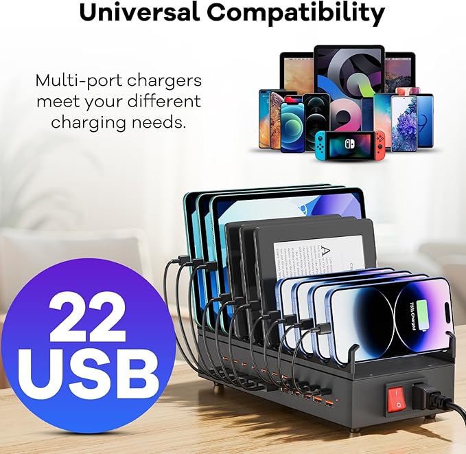 USB~C Charger Block, 300W 22 Port (11 US? A & 11 US?~C) USB Charging Station for Multiple Devices, Desktop Wall Fast Charger with Storage Dividers, US? Power Strip Suitable for Home Office School