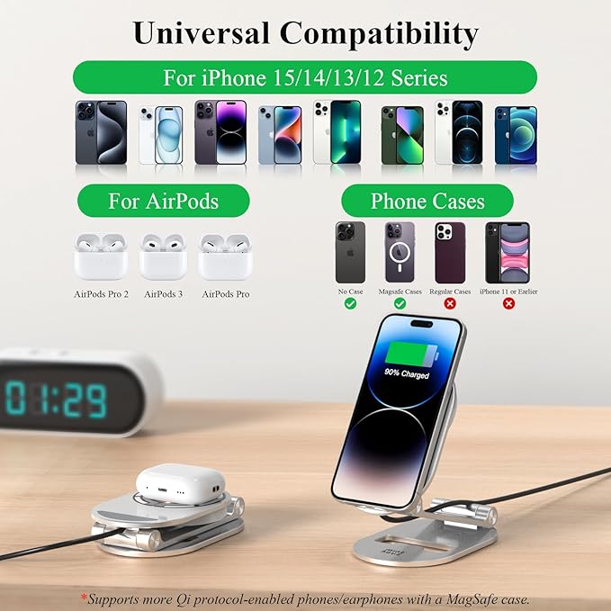 Magnetic Wireless Charger, Minthouz Foldable Mag Safe Charging Stand, Adjustable Wireless Charging Station with 20W Wall Adapter, for iPhone 16 15 14 13 12 Pro/Max/Plus, AirPods 3/Pro 2/Pro