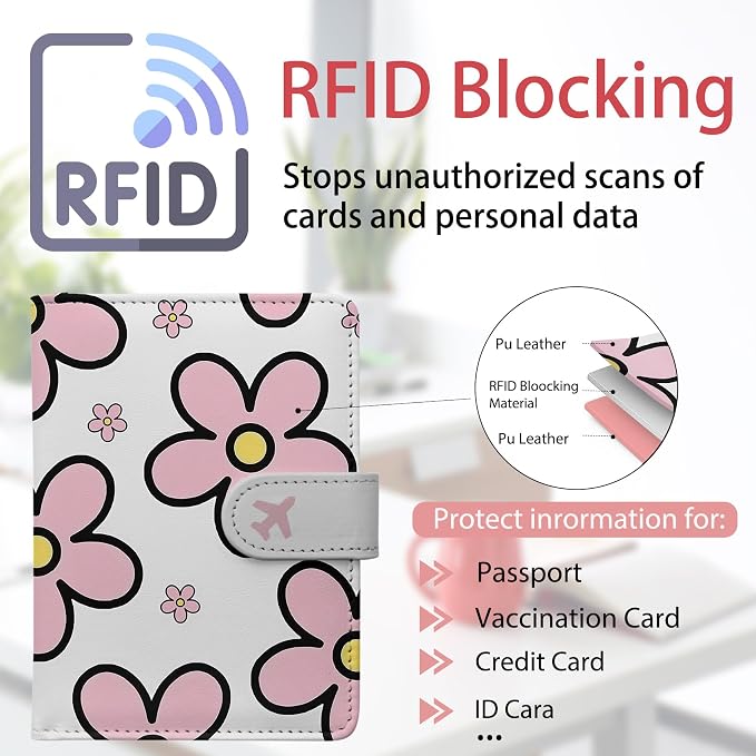 Passport Holder, Travel Wallet Cover with Pen Loop | Cute RFID Blocking Leather Case with Magnetic Closure for Travel Essentials-Posy