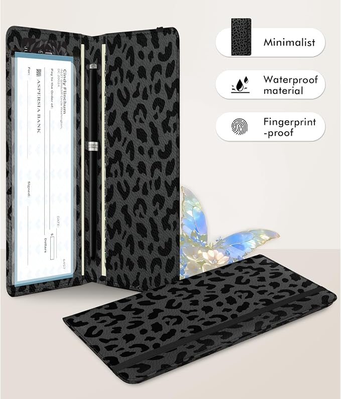 Checkbook Cover for Men Women, Premium Leather Checkbook Holder with RFID Blocking and Built in Clear Plastic Divider for Personal and Business Checks (Leopard-Black)