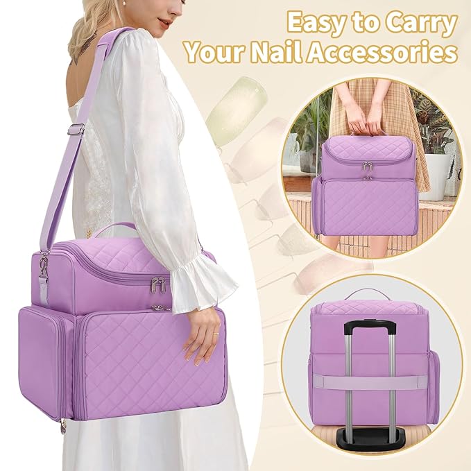 CUBETASTIC Extra Large Nail Polish Organizer Case Holds 86 to 100+ Bottles Nail Polish & Nail Lamp, Nail Supplies Storage Carrying Bag with 2 Removable Pouches (Purple, 86 Slots)
