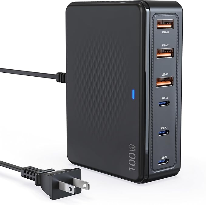 TT&C 100W USB-C Charging Station, 6-Port GaN III Desktop Hub (30W Max Per Port), Compatible with iPhone 17, 16, 15, iPad, MacBook Air & Samsung Galaxy - Black