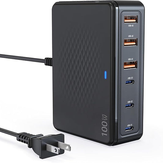 TT&C 100W USB-C Charging Station, 6-Port GaN III Desktop Hub (30W Max Per Port), Compatible with iPhone 17, 16, 15, iPad, MacBook Air & Samsung Galaxy - Black