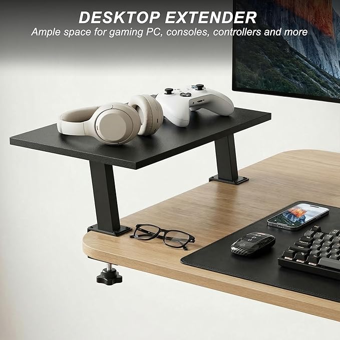 15-Inch Desktop Clamp-on Shelf & Monitor Riser, 2-in-1 Reversible Design ??Fits Either Side of Desk, C-Clamp for Stability, Holds 44 lbs, for Gaming PC, Console & Office Setup