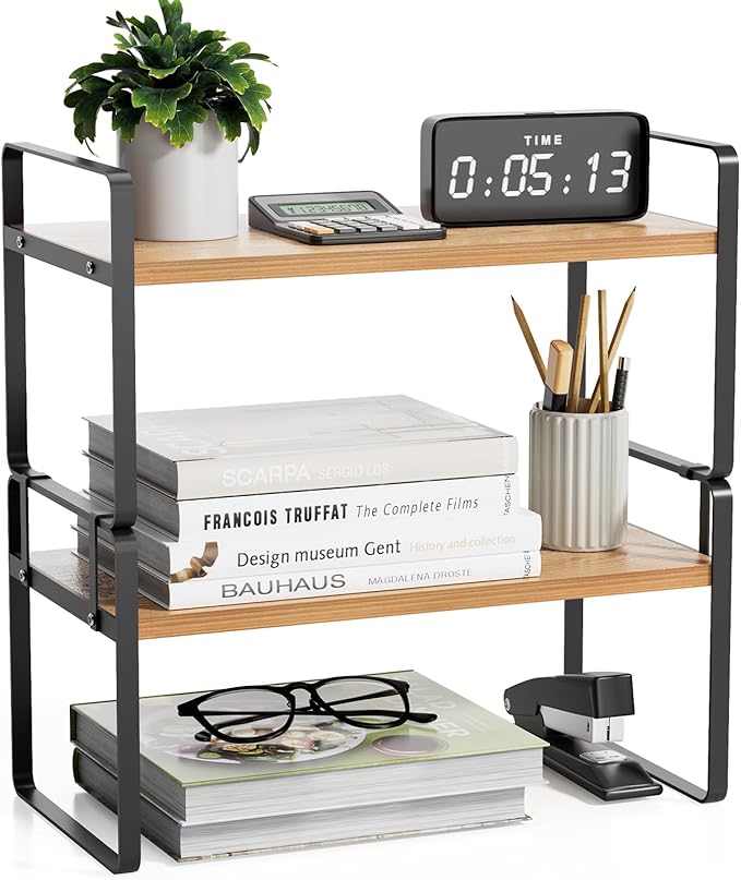 YGYQZ Desk Shelf Organizer for Top of Desk, Detachable 2 Tier Desktop Bookshelf, Wooden Desk Shelves Storage Rack, Small Desktop Shelf for Office Home Dorm, Tabletop Desk Organizer Stand (Black Wood)
