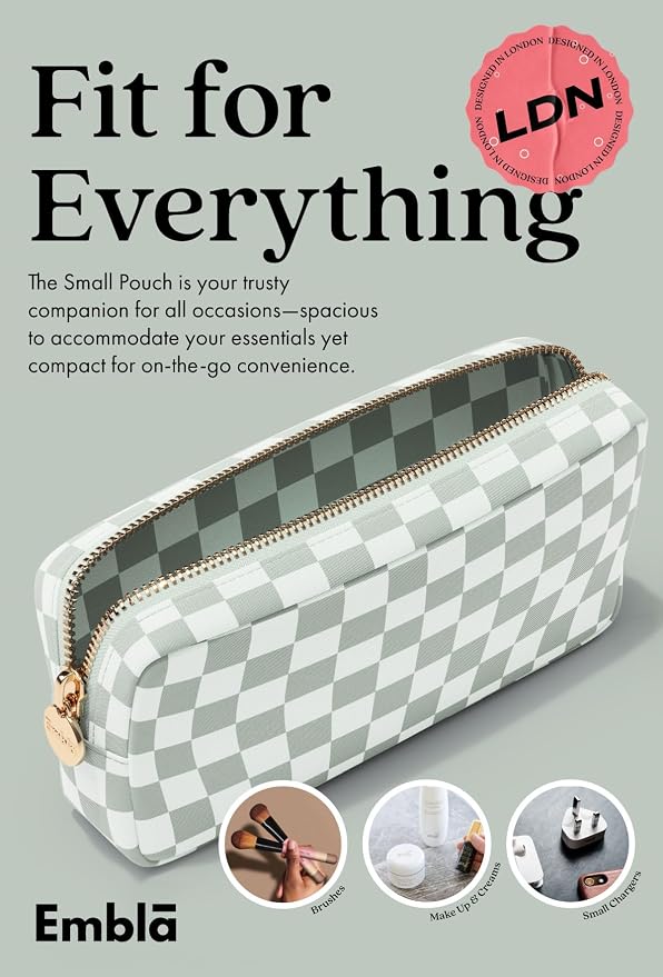 Embla Makeup Bag Travel Cosmetics Pouch and Toiletry Bag, Nylon Zipper Pouch Purse, Cute Make Up Organizer Storage Tote for Women Girls,Travel Skincare Case, Small Makeup Case, Mint Green Checkered