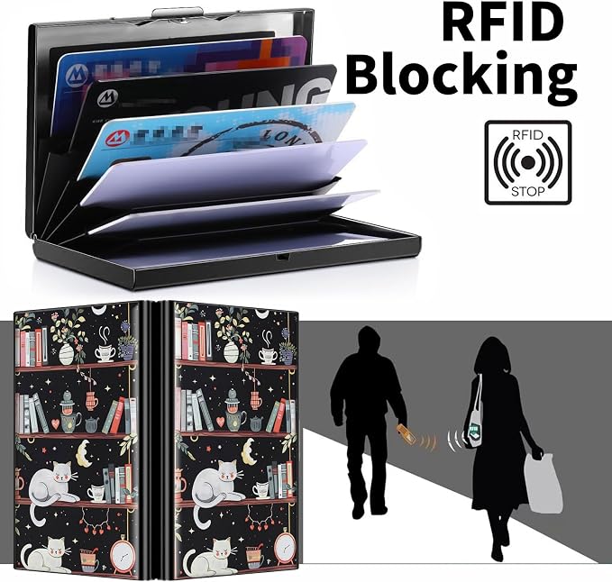 Metal Wallet, Credit Card Holder for Women Men Girls, RFID Blocking Aluminum Wallet Slim Hard Case, Mini Travel Wallet, ID Card Holder Business Card Case,Cat Library Bookshelf