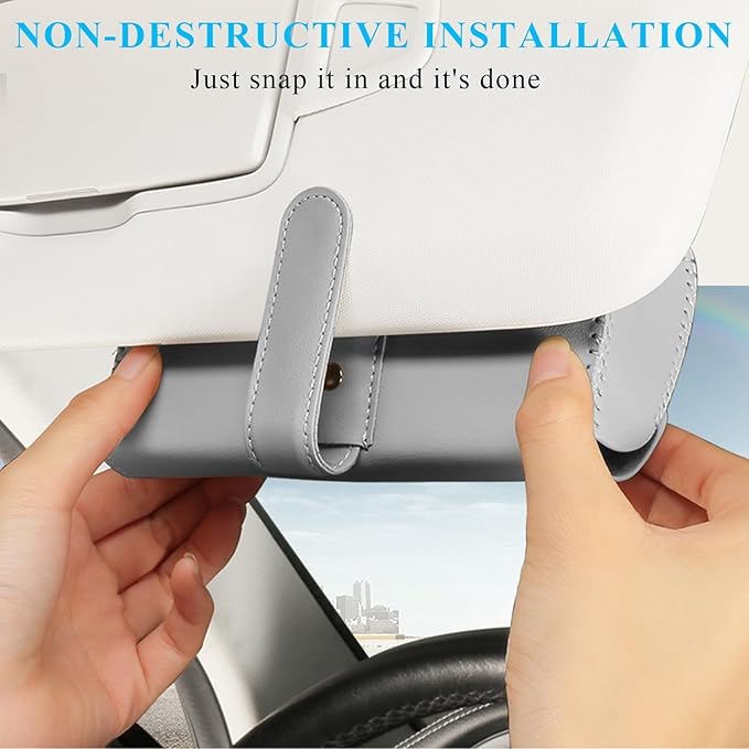 Sunglasses Holder for Car Sun Visor, Leather Auto Eyeglasses Organizer Box with Hidden Magnetic Closure, Vehicle Glasses Case Clip Holder, Car Accessories for Women Men (Gray)