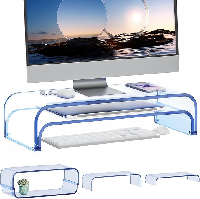 Acrylic Dual Monitor Stand Riser 2 Tier, Modular Laptop Stand for Desk, Multifunctional Desktop Organizer Shelf for PC, iMac, Printer, Detachable Monitor Stand for Office or Home, Blue