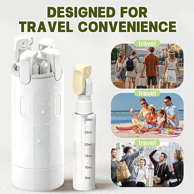 4 in 1 Travel Dispenser, 4 Pack 30ML Travel Bottles with Measurement Scale & Label Stickers for Toiletries, Leak Proof Dispenser Bottle Containers for Shampoo Lotion Conditioner Cream (White)